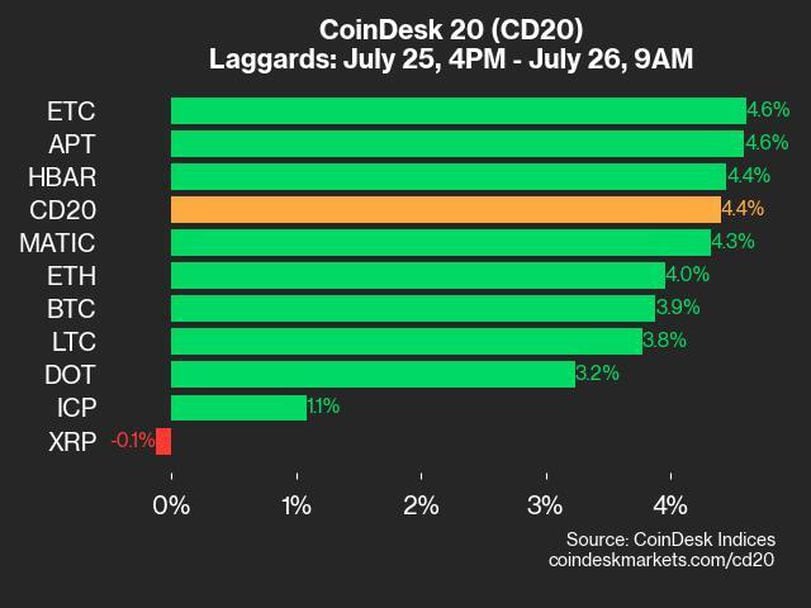 CoinDesk 20 Performance Update: RNDR's 12% Gain Leads as Index Rebounds