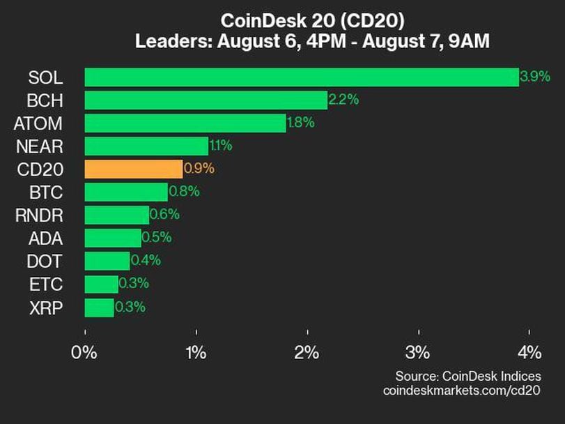 CoinDesk 20 Performance Update: SOL Leads with 3.9% Gain as Index Rebounds