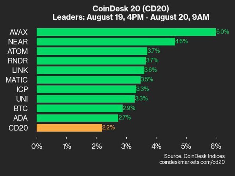 CoinDesk 20 Performance Update: AVAX and NEAR Lead as Index Gains 2.2%